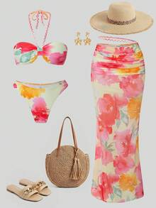 Swim SXY 3pcs/Set Random Print Halter Crochet Bikini Set With Extra Long Mesh Skirt, Elegant & Sexy Adult Beach Party Christmas Swimsuit - Multicolor - View 7