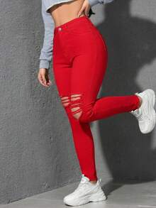 Flexra Casual Solid Color Distressed Slim Fit Denim Jeans - Red - View 5