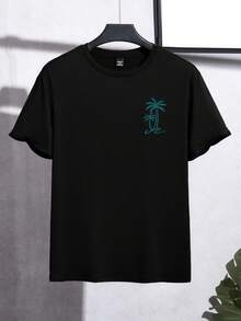 Genlund Men's Classic Coconut Tree Graphic Round Neck Short Sleeve T-Shirt, Summer Vacation Style Tee - Black - View 3