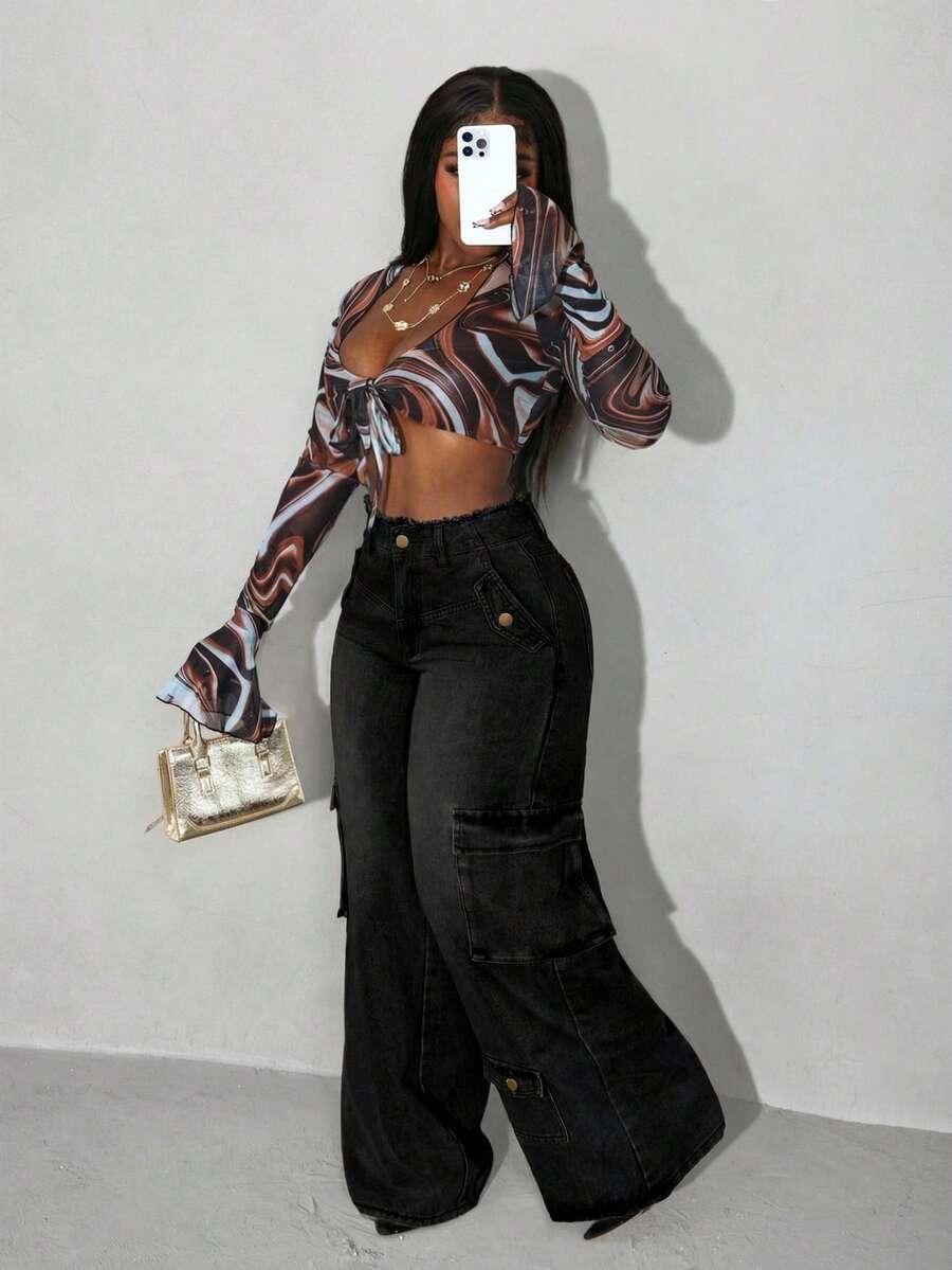 Slaydiva 大码休闲水洗毛边口袋牛仔工装裤 - 黑色 - 查看 1