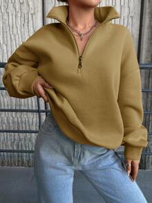 SHEIN Cottnline Women's Solid Color Drop Shoulder Front Zip Sweatshirt - Apricot - View 5