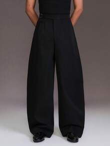 STYNVO 加大码男士纯色腰带扣设计口袋阔腿宽松裤 男士阔腿裤 男士宽松裤 黑色裤子 - 黑色 - 查看 3