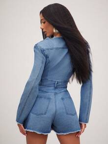NYA SZN Women's Summer Fashion Rhinestone Washed Button Half-Placket Frayed Hem Long Sleeve Denim Jumpsuit - Medium Wash - View 3