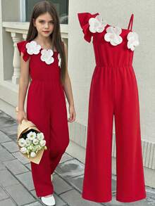 SHEIN Tween Girls' Elegant Commuting Evening Party 3D Floral Ruffle Strap Jumpsuit - Red - View 1