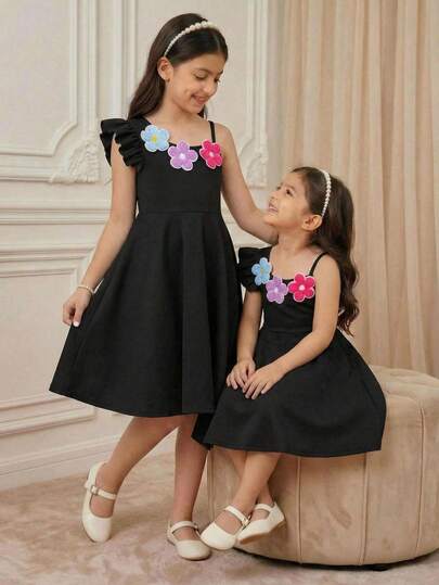 1pc Girls' Floral 3D Decor Waist A-Line Dress, Fashion Versatile, Suitable For Birthday Party, Summer Holiday One Shoulder Dress Girls Kids Black Short Dress Girl Black Elegant Dress Cute Black Dress Dress With Floral Appliques Girls Party Dress Elegant Black Dress Girl Black Dress Toddler Black Dress Toddler Black Elegant Dress Black Dress For Girls Toddler Dress Black