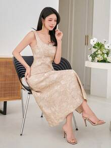 DAZY Women's Elegant Floral Textured Sleeveless Square Neck Midi Dress, Summer,Wedding Guest Dress Women Sundress - Apricot - View 1