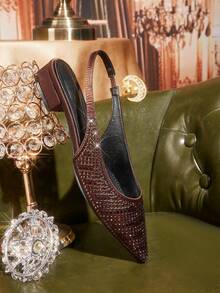 CUCCOO TILAWA 女士尖头低跟粗跟棕色全钻时尚华丽宴会派对女士平底鞋露跟平底鞋女鞋 - 咖啡棕 - 查看 6