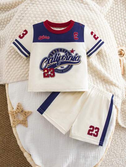 新生男宝宝可爱夏季休闲运动字母印花短袖T恤和短裤套装