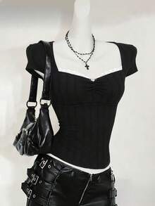 Sweetra Áo thun nữ màu đen cổ vuông dệt kim phối ren cổ điển, kiểu dáng mới mùa xuân/hè, chất liệu nhẹ, phong cách retro, thích hợp mặc đi làm. - màu đen - Xem 4