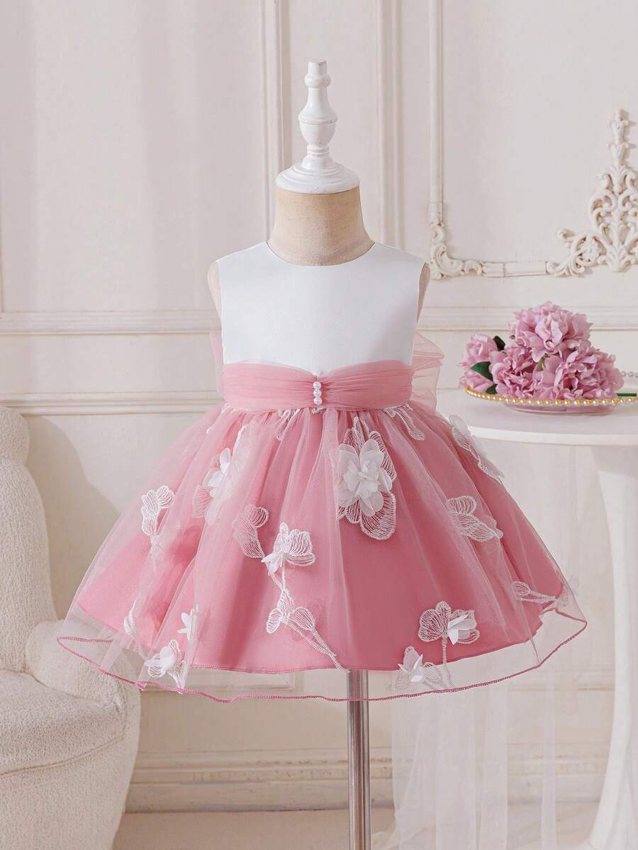 Glamorique Kids 女婴粉色网纱连衣裙，饰以白色3D立体花朵刺绣，高档缎面材质，配腰带，适合婴儿生日派对、婚礼、晚宴、度假、舞台表演等场合，亦可作为公主裙穿着。 - 藕粉色 - 查看 1