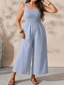 EMERY ROSE Plus Size Women Striped Square Neck Casual Jumpsuit - Blue - View 1