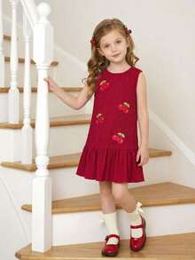 女童无袖罩衫连衣裙，酒红色樱桃图案，圆领荷叶边下摆，拼接设计，可爱女童樱桃连衣裙，酒红色连衣裙 - 酒紅色 - 查看 8