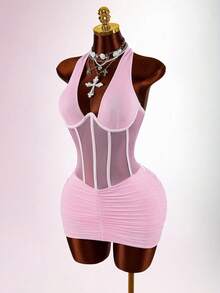 Amplova Halter Neck Sleeveless Rhinestone Waist Cinched Sheer Ruched Sexy Party Mini Dress - Baby Pink - View 11