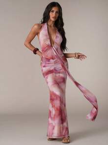 SHEIN BAE 女士扎染印花深V领飘逸吊带性感连衣裙 - 藍色 - 查看 3