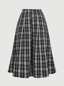 SHEIN MOD 加大码两件套女士粗花呢撞色纽扣套装，长裙套装，女士纯色长袖单排扣优雅粗花呢西装外套，秋冬服装，抛光银色纽扣装饰 - 彩色 - 查看 6