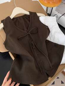 GlowEve Tie-Front French Retro Fashion Relaxed Tie-Up Minimalist Versatile Elegant Women Shirt - Brown - View 3
