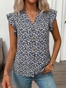 SHEIN Clasi Blusa con volantes en el bajo con estampado floral diminuto para vacaciones de verano de mujer - azul real - Ver 3