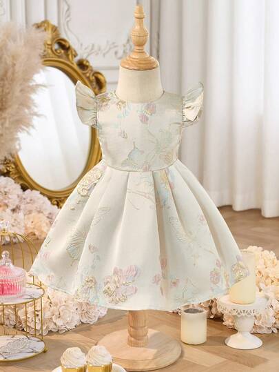 SHEIN Đầm tay ngắn in hoa thanh lịch cho bé gái, trang phục dự tiệc.