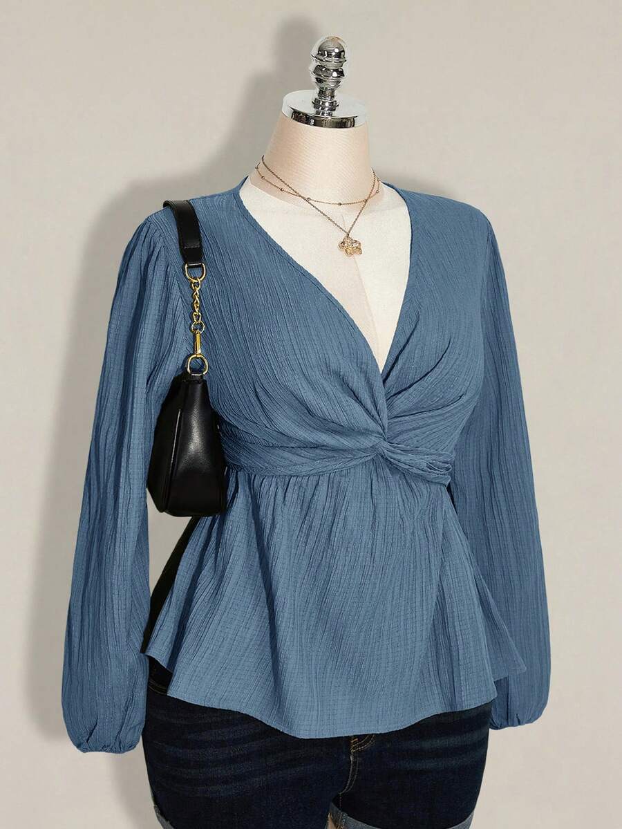 SHEIN ICON 大码女式扭结纹理黑色灯笼袖上衣 - 藍色 - 查看 1
