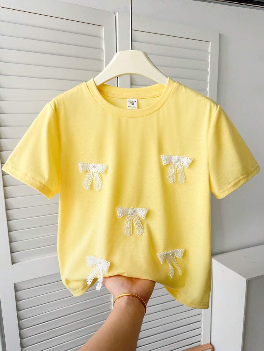 SHEIN 少女可爱3D蝴蝶结黄色T恤，休闲百搭日常穿着 - 黃色 - 查看 1
