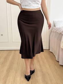 SHEIN EZwear Chân váy satin đen cạp cao, thích hợp mặc đi dự tiệc và hẹn hò, mùa xuân/hè. - màu nâu - Xem 4