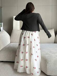 Vibekara Bộ 2 món gồm áo khoác cardigan dệt kim tay dài cỡ lớn và váy chữ A không tay in họa tiết xếp ly, phối nhiều mảnh vải. - Nhiều màu - Xem 2