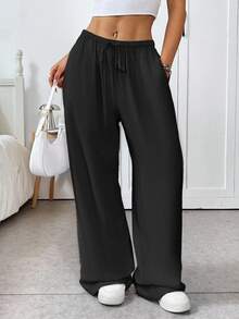 CovetEZ Woven Drawstring Waist Wide Leg Women Long Pants, Black Pants For Summer - Black - View 5
