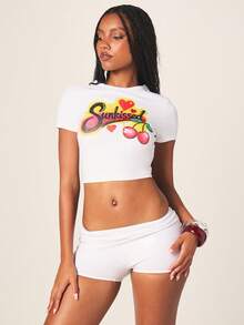 MISSGUIDED Sunkissed Cherry Crop Tee And Micro Booty Shorts Two Piece Outfit Set Summer Festival Graphic Matching Set - White - View 4