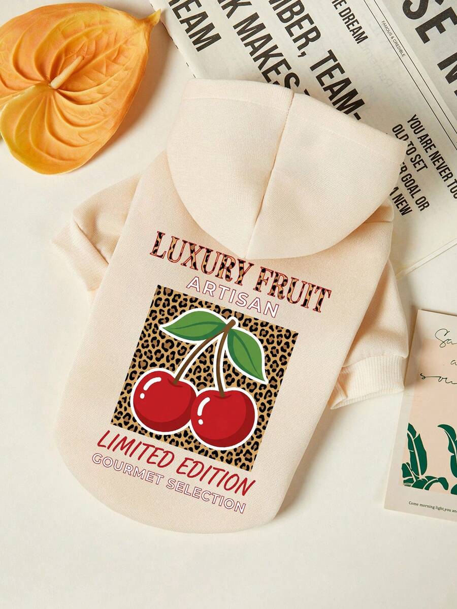 PETSIN 1pc Red Cherry Leopard Print Letter Printed Pet Hoodie Beige Thick Warm Pet Hat Clothes - Beige - View 1