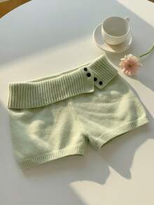 Comfortcana 女士薄荷绿纽扣装饰低腰卷边针织短裤，春夏款 - 薄荷綠 - 查看 3