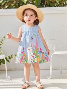 SHEIN Playful Pals Baby Girls' Cute Rabbit Animal Element Sleeveless Dress, Fashion New Style For Spring & Summer - Blue - View 3