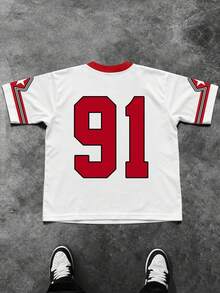 Manfinity Campus Court 男士芝加哥91号口号印花休闲运动圆领短袖T恤，春夏款 - 彩色 - 查看 6