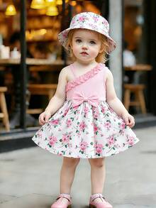 SHEIN Baby GirlElegant Houndstooth Ribbed Fabric Spaghetti Strap Ruffle Trim Dress With Hat, Cute For Spring/Summer - Pink - View 3