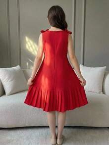 SHEIN Tween Girl Elegant 3D Floral Pleated Full Skirt Cinched Waist Sleeveless Beaded Woven Dress Red Tween Girl - Red - View 2