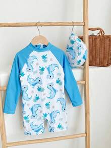 2件套男童休闲学院风舒适时尚实用柔软可爱渐变恐龙图案泳衣和泳帽，适合春夏穿着 - 彩色 - 查看 6