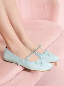 CUCCOO DOLLMOD Valentine's Day Women's Beige Ballet Flats With Bow Detail For Summer Christmas Fall New Year Holiday Valentines Valentine's Day - Light blue - View 1