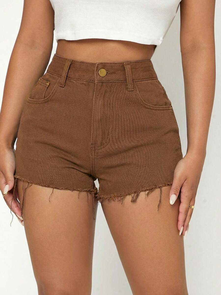SHEIN PETITE Shorts vaqueros de mujer con bolsillos deshilachados - Marrón - Ver 1