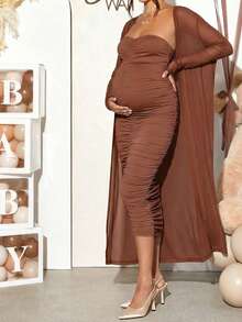 Loomaby Set de 2 piezas de traje de maternidad que incluye un cárdigan largo de manga larga de unicolor y un vestido tubo con drapeado en el camiseta - Marrón - Ver 6