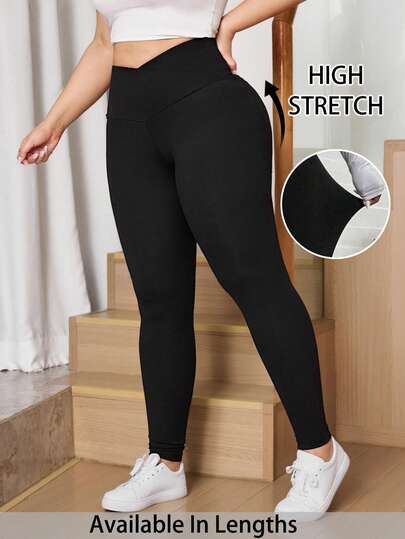 SHEIN Tall CURVE Plus Size Women Solid Color Asymmetric Waist Casual Versatile Daily Wear Black Leggings High Waist Seamless Leggings, Comfortable Tight-Fitting Spring Women