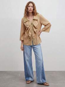 Maija Áo kiểu ren xếp ly dáng rộng cho nữ, thoải mái khi đi nghỉ mát, thanh lịch và mát mẻ, áo kiểu phương Tây mùa xuân hè, áo kiểu màu đất, áo kiểu công sở xếp ly - Màu be - Xem 5