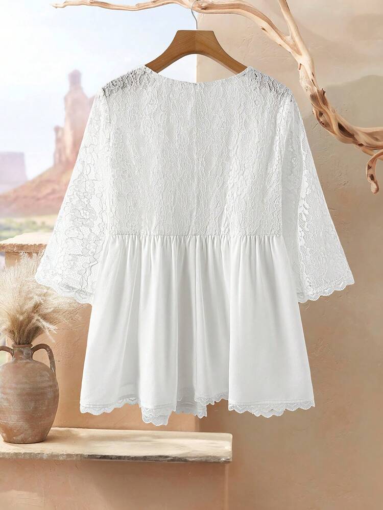 Plus Size Women Contrast Lace Round Neck 3/4 Sleeve Ruffle Hem Loose Blouse/Summer/Vacation,Spring Clothes, Beach Vacation Outfits For Women ,Vacation Outfits Women , White Top, Peplum Top,White Shirt, Vacation Outfits Women Boho Lace Top White Blouse White Casual Top White Lace Top White Boho Top White Peplum Top Lace Sleeve Top White Crochet Top White Beachy Top Boho Chic Women's Clothing Boho Outfit For Women Conservative Top Summer Outfit For Women Beach Outfit For Women,Country Outfits For Women Women's Summer Outfits Women's Western Outfits Women Vacation Outfit Sets