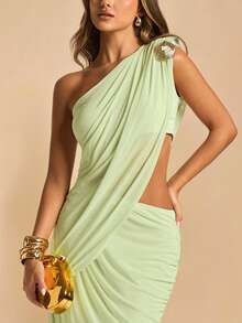 SHEIN BAE 浅绿色不对称褶皱连衣裙，优雅网纱沙滩度假连衣裙，适合夏季婚礼宾客，波西米亚风正式沙滩晚礼服，度假派对连衣裙，沙滩度假迷你连衣裙，早午餐连衣裙，生日迷你连衣裙 - 綠色 - 查看 1