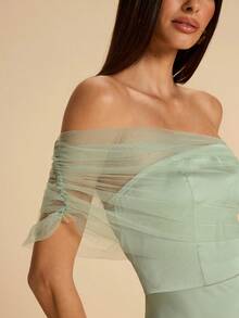 SHEIN BAE Spring & Summer Green Sexy Asymmetrical Shoulder Strapless Sheer Mesh Extra Long Satin Mermaid Dress, Bridesmaid Dress, Satin Dress, Sexy Dress, Party Cocktail Dress, Birthday Mini Dress - Green - View 6