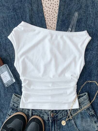 SHEIN Tween Girls White Knit Casual Minimalist Polka Dot Print Asymmetric Ruched Cropped Top, Suitable For Spring/Summer, Casual, Personalized Styling, Daily Wear