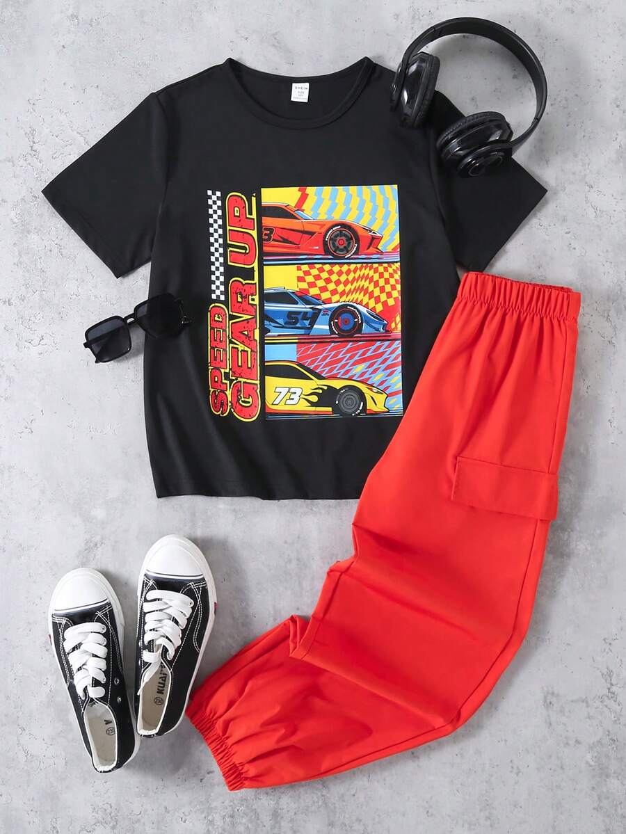 SHEIN 男童休闲汽车印花配套运动裤，适合日常外出和街头穿着 - 彩色 - 查看 1