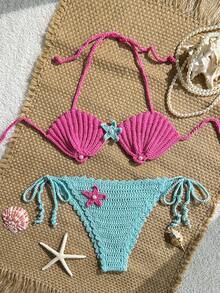 Swim Mod 2pcs/Set Spring/Summer Crochet Starfish & Shell Pattern Design Spaghetti Strap Backless Beach Cover Up Set For Women - Purple - View 1