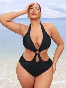 Swim Vcay بدلة سباحة قطعة واحدة للمرأة ذات الحجم الكبير، بتصميم ظهر مفتوح وأشرطة كتف مفرغة وحلقات زخرفية، بلون أحادي جذاب وجريء - الأسود - مشاهدة 3