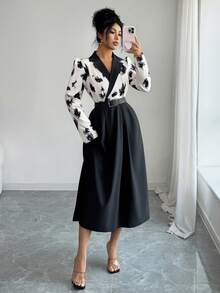 Elenzga Urban Chic New Women's Spring/Summer Floral Print Lapel Puff Sleeve Belted High Waist A-Line Midi Dress, Suitable For Daily Wear, Weddings, Galas, Commute, Graduation Parties, Holidays, Vacations, Dates, Parties, Halloween, Christmas, New Year, Thanksgiving - Black - View 3