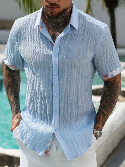 VENTUSAIL Blue Short Sleeve Shirt, Lightweight Fabric, Suitable For Casual Comfortable Wear,Men Old Money,Daily Leisure, Weekend Trips, Outdoor Activities, Travel Expeditions, Relaxed Work Environments Or Semi-Formal Occasions, Boyfriend/Husband Gift, Anniversary /Birthday Gift Party Summer Vacation Holiday,Wedding,Spring To Summer,Mardi Gras,Men's Blue Crinkle Texture Button Up Casual Short Sleeve Kimono For Summer Beach Pool Party,Baby Blue Men Shirt,Knitted Men Shirt,Powder Blue Shirt,Crochet Men Shirt