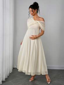 Momance 单肩雪纺上衣搭配针织下摆的孕妇连衣裙，双层雪纺和罗纹面料长裙 - 杏色 - 查看 4